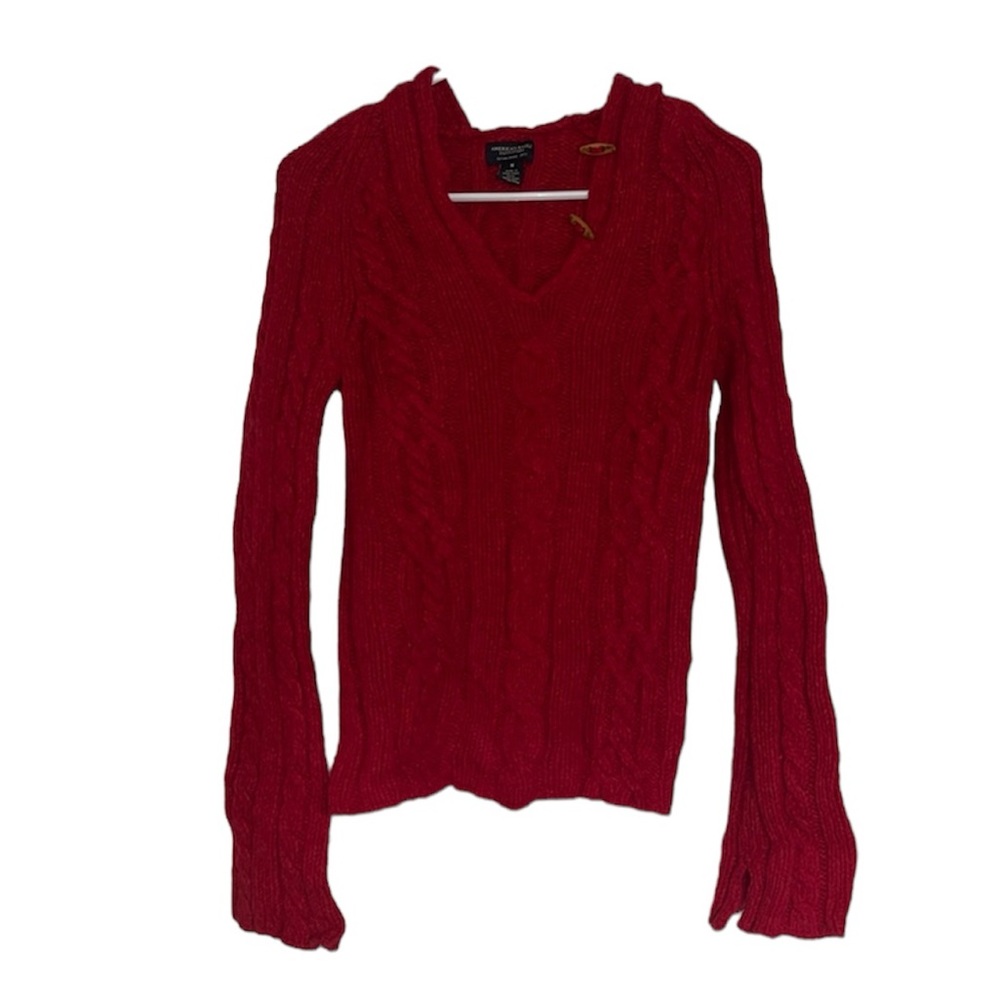 American Eagle Outfitter Hooded Winter Knit Sweater Red 100% Lambs Wool Size M